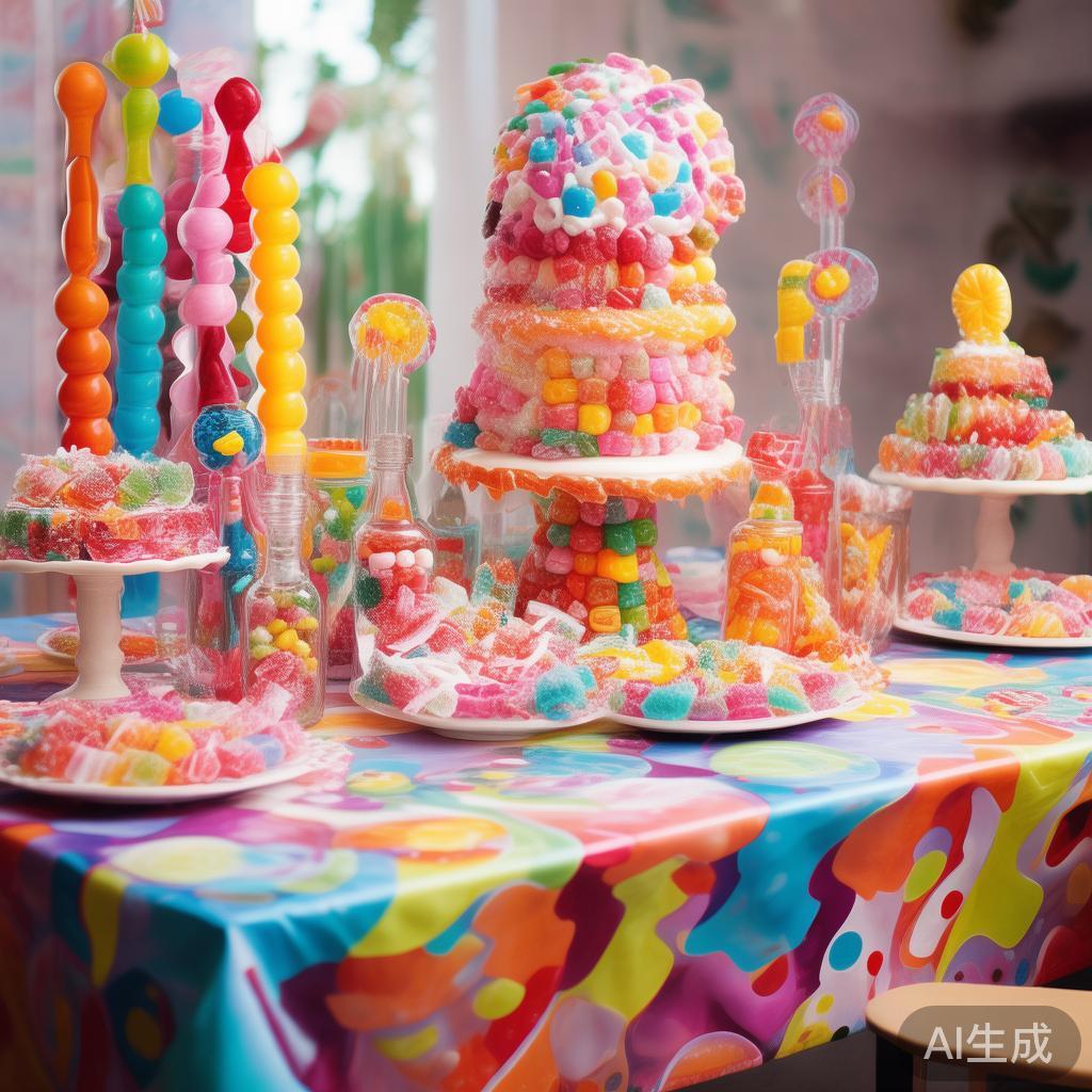 糖果主题桌布和中心装饰
选择带有糖果元素的桌布，